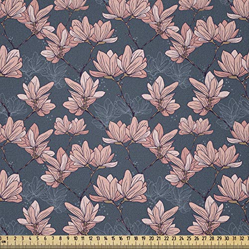 ABAKUHAUS Blumen Microfaser Stoff als Meterware, Magnolia Blumen Japan, Deko Basteln Polsterstoff Textilien, 2M (230x200cm), Dunkelblau Korallenrot von ABAKUHAUS