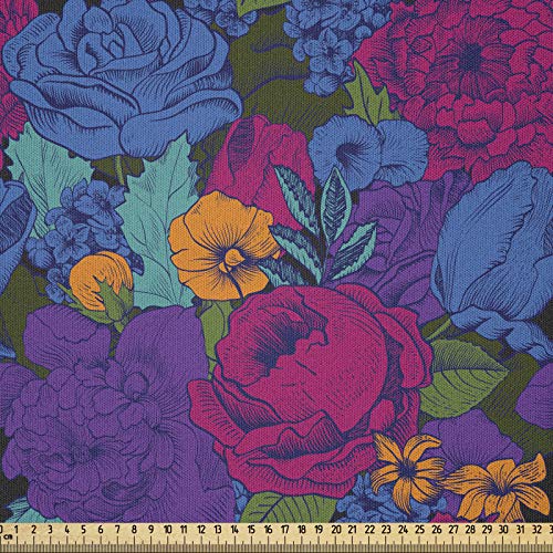 ABAKUHAUS Blumen Microfaser Stoff als Meterware, Vintage Bouquet Kunst, Deko Basteln Polsterstoff Textilien, 2M (148x200cm), Rot Lila Blau von ABAKUHAUS
