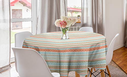 ABAKUHAUS Bohemien Runde Tischdecke, Muster, Kreis Tischdecke Abdeckung für Esszimmer Küche Dekoration, 150 cm, Lachs Blassblau Sepia von ABAKUHAUS