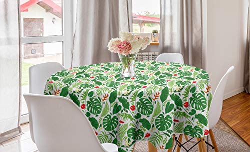 ABAKUHAUS Botanisch Runde Tischdecke, Tropisch Flora, Kreis Tischdecke Abdeckung für Esszimmer Küche Dekoration, 150 cm, Grün Lindgrün von ABAKUHAUS