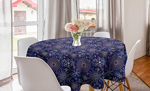 ABAKUHAUS Dunkelblau Runde Tischdecke, Schneeflocken Weihnachten Kunst, Kreis Tischdecke Abdeckung für Esszimmer Küche Dekoration, 150 cm, Blau Gelb von ABAKUHAUS