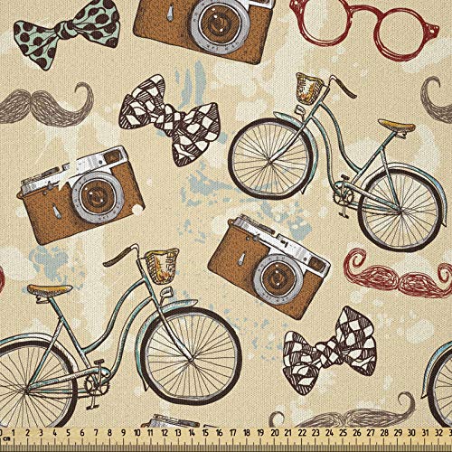 ABAKUHAUS Fahrrad Microfaser Stoff als Meterware, Hipster Gentleman Theme, Deko Basteln Polsterstoff Textilien, 2M (148x200cm), Beige Braun von ABAKUHAUS