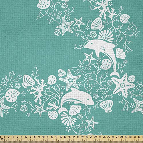 ABAKUHAUS Fisch Microfaser Stoff als Meterware, Delphine und Blumen, Deko Basteln Polsterstoff Textilien, 2M (148x200cm), Meergrün Weiß von ABAKUHAUS