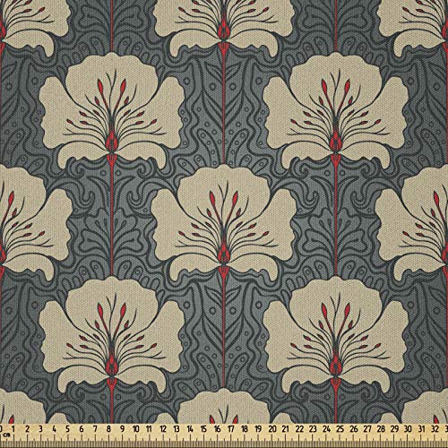 ABAKUHAUS Floral Microfaser Stoff als Meterware, Art Nouveau Mohnblumen, Deko Basteln Polsterstoff Textilien, 2M (230x200cm), Zinnoberrot Grau Tan von ABAKUHAUS
