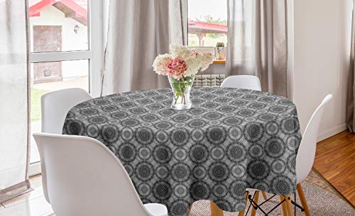 ABAKUHAUS Grau Runde Tischdecke, Zusammenfassung Damast-Blumen, Kreis Tischdecke Abdeckung für Esszimmer Küche Dekoration, 150 cm, Grau Schwarz Weiß von ABAKUHAUS