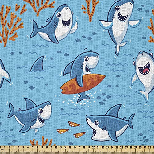 ABAKUHAUS Hai Microfaser Stoff als Meterware, Unterwasser-lustige Welt, Deko Basteln Polsterstoff Textilien, 2M (148x200cm), Orange Weiß Blau von ABAKUHAUS