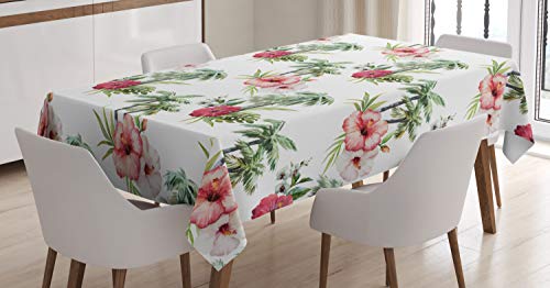 ABAKUHAUS Hawaii Tischdecke, Palmen Hibiscus, Schmutzabweisent mit Modernster Druck Technologie Waschbar Klare Farben, 140 x 170 cm, Reseda Grün Hellrosa Rubin von ABAKUHAUS