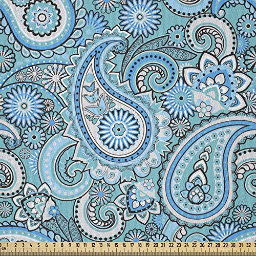ABAKUHAUS Hellblau Microfaser Stoff als Meterware, Asiatische Elemente Paisley, Deko Basteln Polsterstoff Textilien, 2M (230x200cm), Hellblau Schwarz Blau von ABAKUHAUS