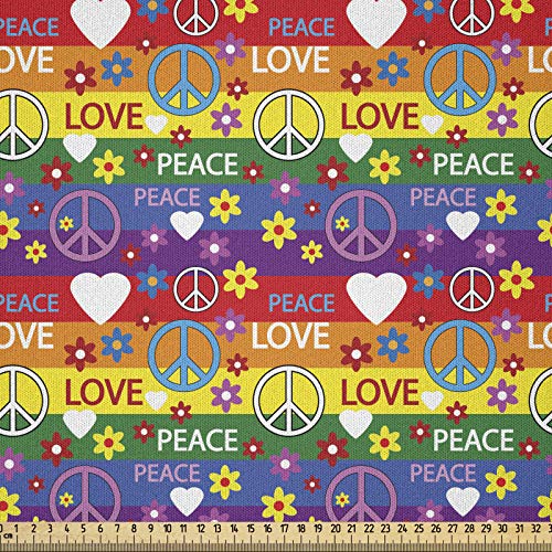 ABAKUHAUS Hippie Microfaser Stoff als Meterware, Herz-Frieden, Deko Basteln Polsterstoff Textilien, 2M (230x200cm), Lila Grün Rot von ABAKUHAUS