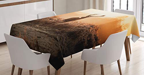 ABAKUHAUS Jagd Tischdecke, Deer Morning Sun, Pflegeleicht Waschbar Schmutzabweisend und mit Klaren Farben Hochwertiger Druck, 140 x 170 cm, Orange Braun von ABAKUHAUS