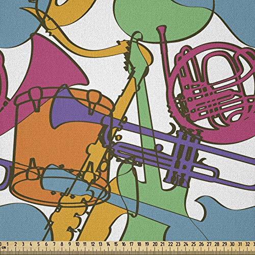 ABAKUHAUS Jazz Musik Microfaser Stoff als Meterware, Abstrakte Retro Party, Deko Basteln Polsterstoff Textilien, 2M (148x200cm), Weiß Grün Orange von ABAKUHAUS