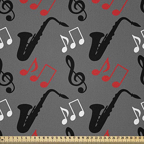 ABAKUHAUS Jazz Musik Microfaser Stoff als Meterware, Hinweise Clef Saxophon, Deko Basteln Polsterstoff Textilien, 2M (148x200cm), Schwarz Grau Rot von ABAKUHAUS