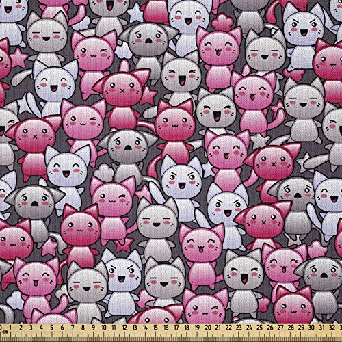 ABAKUHAUS Katze Microfaser Stoff als Meterware, Kawaii Doodle Humor, Deko Basteln Polsterstoff Textilien, 2M (148x200cm), Lila Rosa Tan von ABAKUHAUS