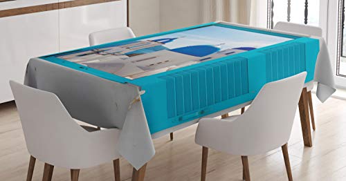 ABAKUHAUS Landschaft Tischdecke, Griechenland Oia-Gebäude, Für den Inn und Outdoor Bereich geeignet Waschbar Druck Klar Kein Verblassen, 140 x 170 cm, Blau Weiß von ABAKUHAUS
