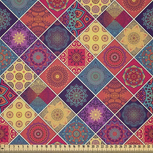 ABAKUHAUS Mandala Microfaser Stoff als Meterware, Diamant-Quadrat-Muster, Deko Basteln Polsterstoff Textilien, 2M (148x200cm), Dunkler Lachs Gelb von ABAKUHAUS