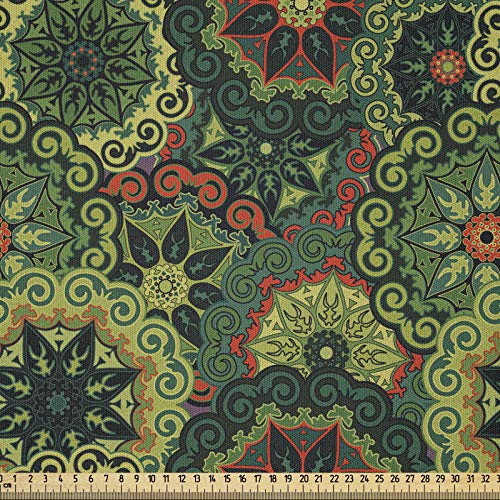 ABAKUHAUS Mandala Microfaser Stoff als Meterware, Einheimische Kultur, Deko Basteln Polsterstoff Textilien, 2M (148x200cm), Hellgrün Dunkelgrün Zinnoberrot von ABAKUHAUS