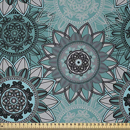 ABAKUHAUS Mandala Microfaser Stoff als Meterware, Hippie Oriental Frühling, Deko Basteln Polsterstoff Textilien, 2M (148x200cm), Türkis Schwarz Taupe von ABAKUHAUS