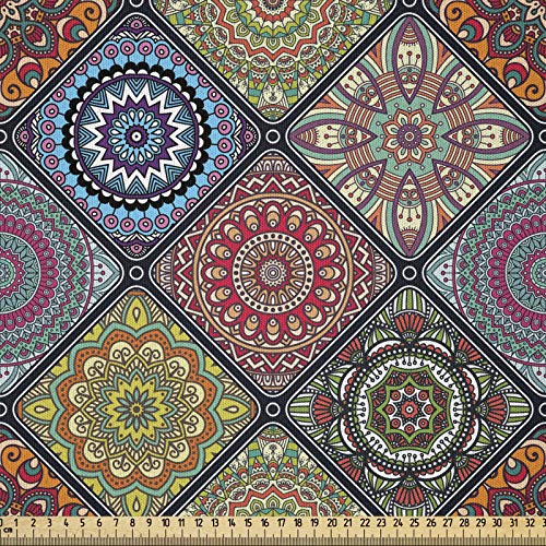 ABAKUHAUS Mandala Microfaser Stoff als Meterware, Kreise in Rectangles, Deko Basteln Polsterstoff Textilien, 2M (148x200cm), Beige Rot Grün von ABAKUHAUS