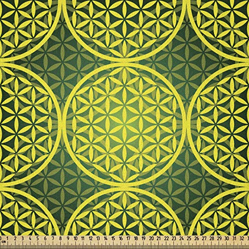 ABAKUHAUS Modern Microfaser Stoff als Meterware, Klare Blume des Lebens, Deko Basteln Polsterstoff Textilien, 2M (148x200cm), Jägergrün Gelb von ABAKUHAUS