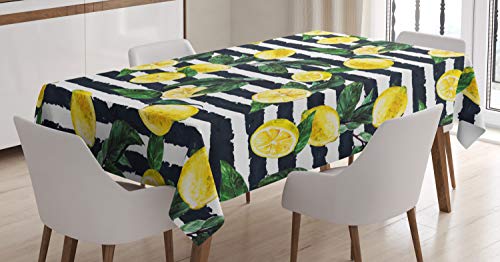 ABAKUHAUS Zitrone Tischdecke, Frische Zitronen Gestreifte, Inn und Outdoor Bereich geeignet Waschbar Druck Klare Farben Kein Verblassen, 140 x 240 cm, Jägergrün Indigo Gelb von ABAKUHAUS