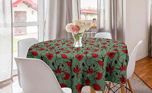 ABAKUHAUS Mohn Runde Tischdecke, Blumengesteck Tanz, Kreis Tischdecke Abdeckung für Esszimmer Küche Dekoration, 150 cm, Green Kastanie Braun Rot von ABAKUHAUS