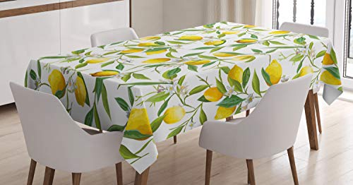 ABAKUHAUS Natur Tischdecke, Lemon Woody Romantic, Personalisierter Druck Klare Farben ohne Verblassen Waschbar für Außen Bereich, 140 x 240 cm, Farngrün Gelb Weiß von ABAKUHAUS