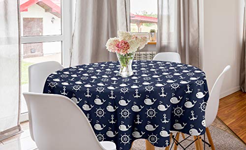 ABAKUHAUS Navy blau Runde Tischdecke, Maritime Anchor Wal, Kreis Tischdecke Abdeckung für Esszimmer Küche Dekoration, 150 cm, Marine-Blau-Weiß von ABAKUHAUS