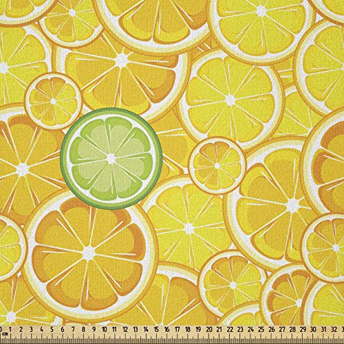 ABAKUHAUS Obst Microfaser Stoff als Meterware, Lemon orange Kreise, Deko Basteln Polsterstoff Textilien, 2M (148x200cm), Gelb Weiß und Grün von ABAKUHAUS