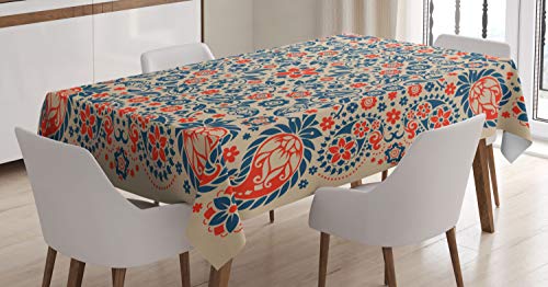 ABAKUHAUS Paisley Tischdecke, Kultur Folk Persisch, Personalisierter Druck Klare Farben ohne Verblassen Waschbar für Außen Bereich, 140 x 170 cm, Nachtblau Orange Tan von ABAKUHAUS