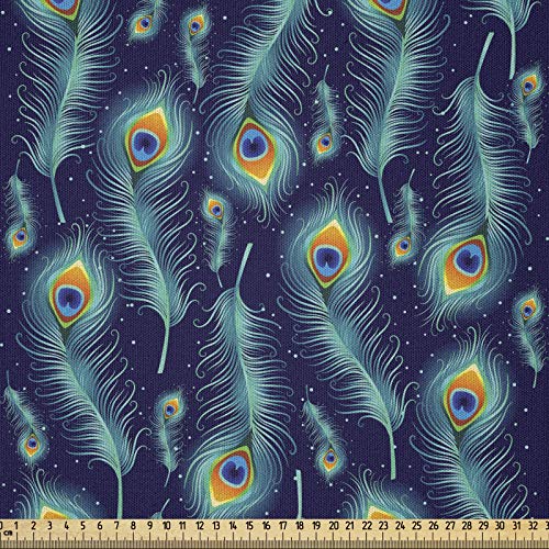 ABAKUHAUS Pfau Microfaser Stoff als Meterware, Pfau-Vogel-Federn, Deko Basteln Polsterstoff Textilien, 2M (148x200cm), Marineblau Orange und Aqua von ABAKUHAUS