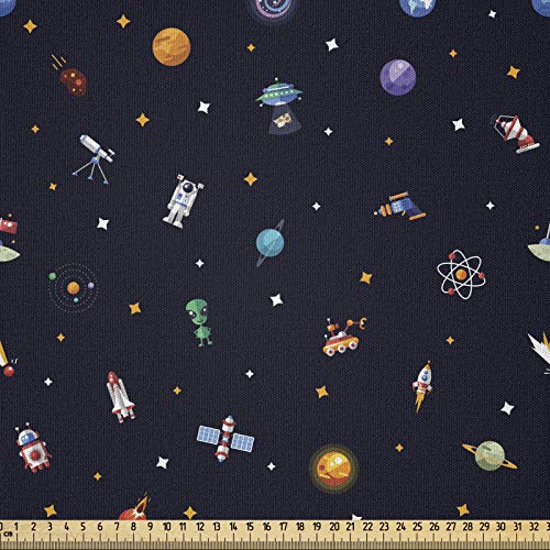 ABAKUHAUS Raumschiff Microfaser Stoff als Meterware, Sterne Alien Planeten, Deko Basteln Polsterstoff Textilien, 2M (230x200cm), Schwarz Blau Orange von ABAKUHAUS