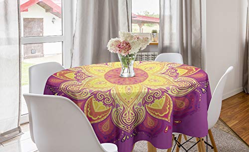 ABAKUHAUS Regenbogen-Mandala Runde Tischdecke, Petals, Kreis Tischdecke Abdeckung für Esszimmer Küche Dekoration, 150 cm, Gelb Violet von ABAKUHAUS