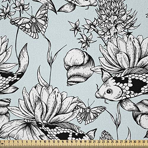 ABAKUHAUS Shabby Chic Microfaser Stoff als Meterware, Teich-Wasser-Blumen, Deko Basteln Polsterstoff Textilien, 2M (148x200cm), Babyblau Weiß Schwarz von ABAKUHAUS