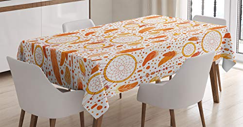 ABAKUHAUS Stammes Tischdecke, Traumfänger, Personalisierter Druck Klare Farben ohne Verblassen Waschbar für Außen Bereich, 140 x 200 cm, Orange Weiß von ABAKUHAUS