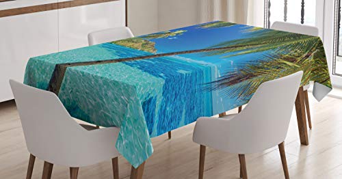 ABAKUHAUS Tropisch Tischdecke, Palmen, Meer, Strand, Inn und Outdoor Bereich geeignet Waschbar Druck Klare Farben Kein Verblassen, 140 x 170 cm, Türkis Blau von ABAKUHAUS