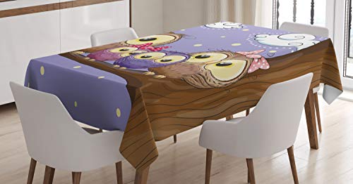 ABAKUHAUS Vogel Tischdecke, Karikatur-Art-Eulen-Familie, Personalisierter Druck mit Klaren Farben Waschbar Wasserfest kein Verblassen, 140 x 200 cm, Lavendel und Braun von ABAKUHAUS