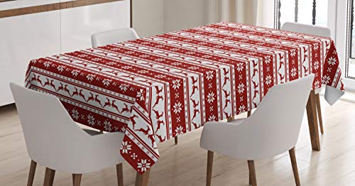 ABAKUHAUS Weihnachten Tischdecke, Winter-Rotwild-Schneeflocke, Pflegeleicht Waschbar Schmutzabweisend und mit Klaren Farben Hochwertiger Druck, 140 x 170 cm, Weiß Rubin von ABAKUHAUS