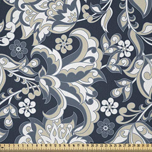 ABAKUHAUS asiatisch Microfaser Stoff als Meterware, Oriental Eastern Flowers, Deko Basteln Polsterstoff Textilien, 2M (148x200cm), Dunkelblau Grau und Beige von ABAKUHAUS