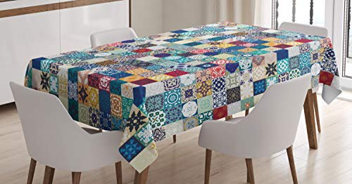 ABAKUHAUS marokkanisch Tischdecke, Aufwändige Patchwork-Motiv, Personalisierter Druck Klare Farben ohne Verblassen Waschbar für Außen Bereich, 140 x 200 cm, Türkis Beige von ABAKUHAUS