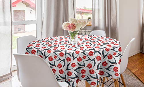 ABAKUHAUS rot Runde Tischdecke, Vintage Inspired Tulpen, Kreis Tischdecke Abdeckung für Esszimmer Küche Dekoration, 150 cm, rot grün von ABAKUHAUS