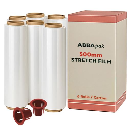 ABBApak Stretchfolie 6 Rollen je 50cm x 1,4kg - Transparent - 300 % dehnbar - 23µ - inkl. 2 ergonomischer Abroll- & Gleithülsen - Verpackungsfolie, Wickelfolie für Paletten, Umzug & Lager von ABBApak