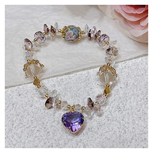 ABCBCA Naturstein Herz Rosa Lila Blau Schwarz Kristall Farbige Blume Perlen Perlen Armbänder for Frauen Modeschmuck Perlenarmband (Metal Color : Purple) von ABCBCA
