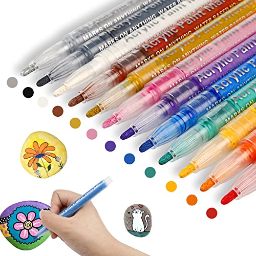 ABEIER Acrylstifte Marker Stifte，12 Farben Acrylstifte, Permanent Marker Stifte Wasserfest Acrylstifte für Erwachsene und Kinder DIY Keramik Porzellan Metall Kunststoff Holz Leinwand (2mm Spitze) von ABEIER