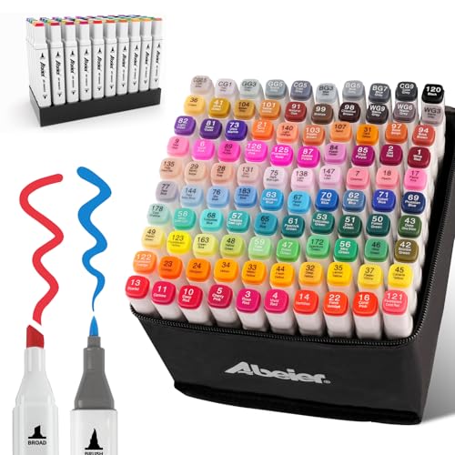 Alkohol Marker Stifte Set,100 Farben Pinsel Marker Stift Doppelspitze Filzstifte Brush,Pinsel Alkoholmarker für Zeichnen,Skizzieren,für Kinder, Lehrer, Büro&Schulbedarf,Inkl.1 Blender von ABEIER
