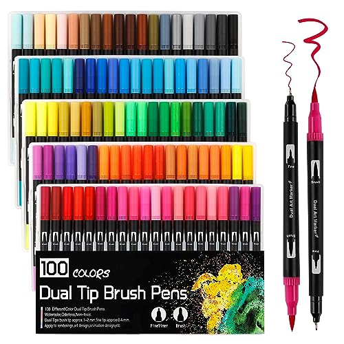 Dual Brush Pen Set,100 Doppelspitze Pinselstifte Filzstifte Marker Aquarell Stifte Fineliner Set für Journal Malbücher Manga auf Wasserbasis Malstifte von ABEIER