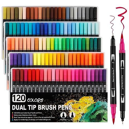 Dual Brush Pen Set,120 Filzstifte Doppelseitig Pinselstifte Marker Stifte,Fineliner für Handlettering Bullet Journal, Malstifte Brush Marker Für Kinder und Erwachsene von ABEIER