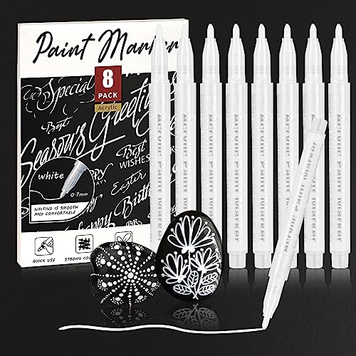 ABEIER Weißer Stift, 8 Stück weißer Marker,0.7mm feine Spitze,Acryl Weiß Permanent Marker für schwarzes Papier, Skizzieren, Zeichnen,Holz, Fels, Reifen, Kunststoff, Leder, Glas von ABEIER