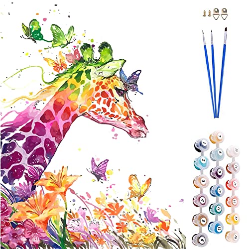 ABEUTY Malen nach Zahlen für Erwachsene Kinder, Rosa Giraffe Schmetterlinge Blumen Tiere inklusive Pinsel und Acrylfarben Diy Handgemalt öLgemäLde Kit Als Geschenk 40 x 50cm von ABEUTY