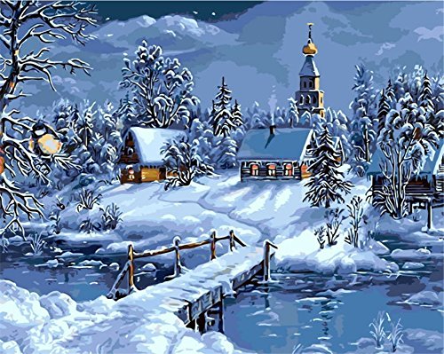 ABEUTY Malen nach Zahlen Schneehaus Winterlandschaft Nacht, DIY Ölgemälde auf Leinwand Gemälde 40x50cm Wandkunst (Schneehaus, Mit Rahmen) von ABEUTY