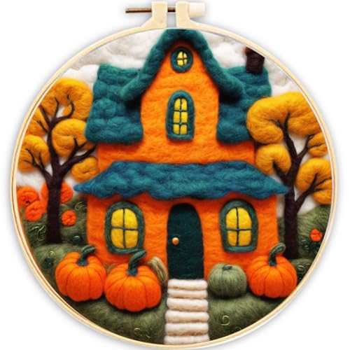 ABEUTY Nadelfilz-Kits Bild für Anfänger Erwachsene, Kürbishaus Herbstbäume DIY Wollfilz Malerei Starter Kit mit Stickrahmen und Werkzeugen für Heimdekoration (Haus) von ABEUTY